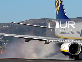 A Boeing 737-8AS from Ryanair is on the runway ready to take off from Barcelona airport in Barcelona, Spain, on October 8, 2024. (