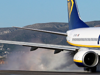 A Boeing 737-8AS from Ryanair is on the runway ready to take off from Barcelona airport in Barcelona, Spain, on October 8, 2024. (