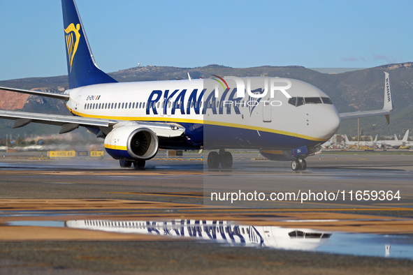 A Boeing 737-8AS from Ryanair is on the runway ready to take off from Barcelona airport in Barcelona, Spain, on October 8, 2024. 