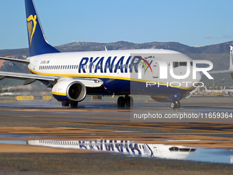 A Boeing 737-8AS from Ryanair is on the runway ready to take off from Barcelona airport in Barcelona, Spain, on October 8, 2024. (