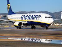 A Boeing 737-8AS from Ryanair is on the runway ready to take off from Barcelona airport in Barcelona, Spain, on October 8, 2024. (