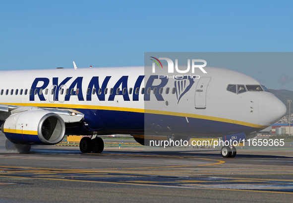 A Boeing 737-8AS from Ryanair is on the runway ready to take off from Barcelona airport in Barcelona, Spain, on October 8, 2024. 