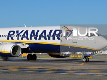 A Boeing 737-8AS from Ryanair is on the runway ready to take off from Barcelona airport in Barcelona, Spain, on October 8, 2024. (