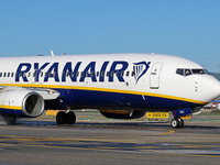 A Boeing 737-8AS from Ryanair is on the runway ready to take off from Barcelona airport in Barcelona, Spain, on October 8, 2024. (