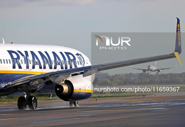 A Boeing 737-8AS from Ryanair is on the runway ready to take off from Barcelona airport in Barcelona, Spain, on October 8, 2024. 