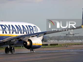 A Boeing 737-8AS from Ryanair is on the runway ready to take off from Barcelona airport in Barcelona, Spain, on October 8, 2024. (