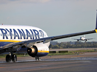 A Boeing 737-8AS from Ryanair is on the runway ready to take off from Barcelona airport in Barcelona, Spain, on October 8, 2024. (