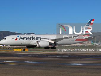 A Boeing 787-8 Dreamliner from American Airlines is on the runway ready to take off from Barcelona airport in Barcelona, Spain, on October 8...