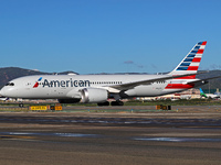 A Boeing 787-8 Dreamliner from American Airlines is on the runway ready to take off from Barcelona airport in Barcelona, Spain, on October 8...