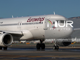 An Airbus A320-214 from Eurowings is on the runway ready to take off from Barcelona airport in Barcelona, Spain, on October 8, 2024. (