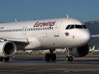 An Airbus A320-214 from Eurowings is on the runway ready to take off from Barcelona airport in Barcelona, Spain, on October 8, 2024. (