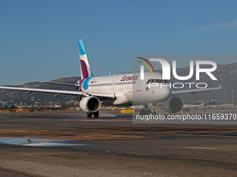 An Airbus A320-214 from Eurowings is on the runway ready to take off from Barcelona airport in Barcelona, Spain, on October 8, 2024. (