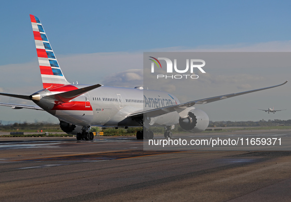 A Boeing 787-8 Dreamliner from American Airlines is on the runway ready to take off from Barcelona airport in Barcelona, Spain, on October 8...