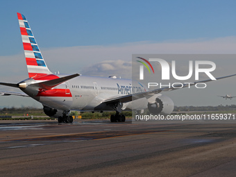 A Boeing 787-8 Dreamliner from American Airlines is on the runway ready to take off from Barcelona airport in Barcelona, Spain, on October 8...