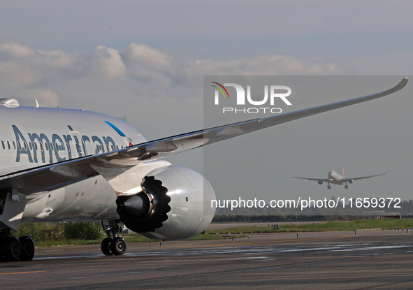 A Boeing 787-8 Dreamliner from American Airlines is on the runway ready to take off from Barcelona airport in Barcelona, Spain, on October 8...