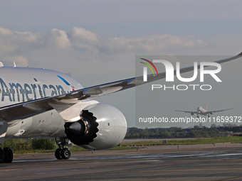 A Boeing 787-8 Dreamliner from American Airlines is on the runway ready to take off from Barcelona airport in Barcelona, Spain, on October 8...