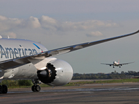 A Boeing 787-8 Dreamliner from American Airlines is on the runway ready to take off from Barcelona airport in Barcelona, Spain, on October 8...