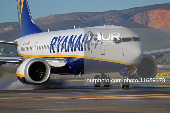 A Boeing 737 MAX 8-200 from Ryanair is on the runway ready to take off from Barcelona airport in Barcelona, Spain, on October 8, 2024. 