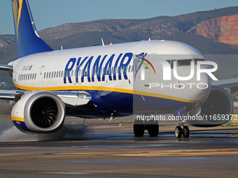 A Boeing 737 MAX 8-200 from Ryanair is on the runway ready to take off from Barcelona airport in Barcelona, Spain, on October 8, 2024. (