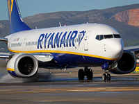 A Boeing 737 MAX 8-200 from Ryanair is on the runway ready to take off from Barcelona airport in Barcelona, Spain, on October 8, 2024. (