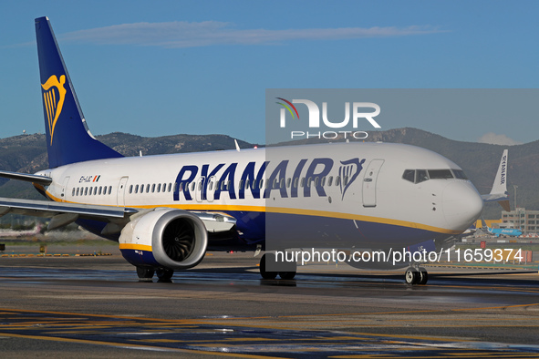 A Boeing 737 MAX 8-200 from Ryanair is on the runway ready to take off from Barcelona airport in Barcelona, Spain, on October 8, 2024. 