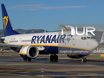 A Boeing 737 MAX 8-200 from Ryanair is on the runway ready to take off from Barcelona airport in Barcelona, Spain, on October 8, 2024. (