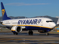 A Boeing 737 MAX 8-200 from Ryanair is on the runway ready to take off from Barcelona airport in Barcelona, Spain, on October 8, 2024. (