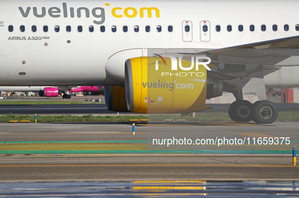 An Airbus A320-271N from Vueling is on the runway ready to take off from Barcelona airport in Barcelona, Spain, on October 8, 2024. 