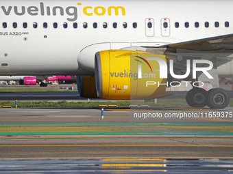 An Airbus A320-271N from Vueling is on the runway ready to take off from Barcelona airport in Barcelona, Spain, on October 8, 2024. (