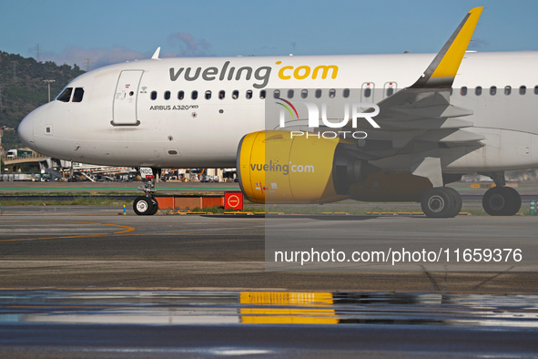 An Airbus A320-271N from Vueling is on the runway ready to take off from Barcelona airport in Barcelona, Spain, on October 8, 2024. 