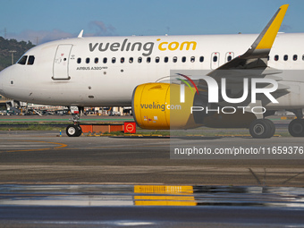 An Airbus A320-271N from Vueling is on the runway ready to take off from Barcelona airport in Barcelona, Spain, on October 8, 2024. (