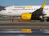 An Airbus A320-271N from Vueling is on the runway ready to take off from Barcelona airport in Barcelona, Spain, on October 8, 2024. (