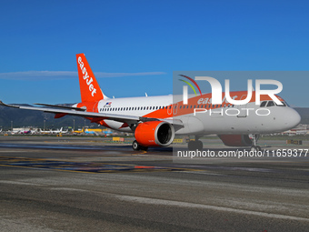 An Airbus A320-251N from easyJet is on the runway ready to take off from Barcelona airport in Barcelona, Spain, on October 8, 2024. (