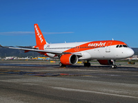 An Airbus A320-251N from easyJet is on the runway ready to take off from Barcelona airport in Barcelona, Spain, on October 8, 2024. (