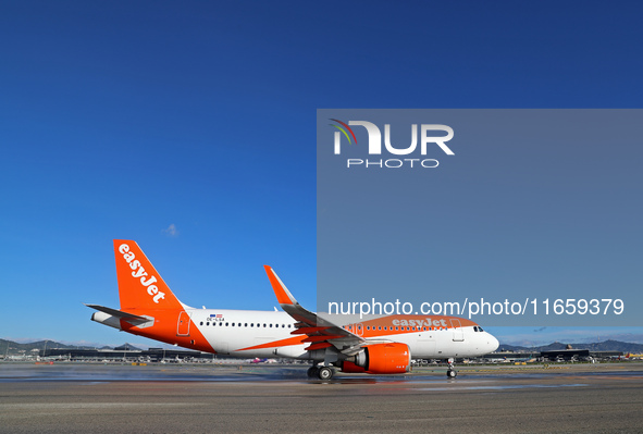 An Airbus A320-251N from easyJet is on the runway ready to take off from Barcelona airport in Barcelona, Spain, on October 8, 2024. 