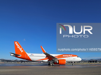 An Airbus A320-251N from easyJet is on the runway ready to take off from Barcelona airport in Barcelona, Spain, on October 8, 2024. (