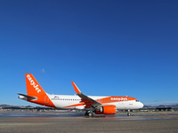 An Airbus A320-251N from easyJet is on the runway ready to take off from Barcelona airport in Barcelona, Spain, on October 8, 2024. (