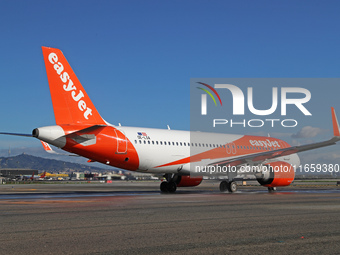 An Airbus A320-251N from easyJet is on the runway ready to take off from Barcelona airport in Barcelona, Spain, on October 8, 2024. (