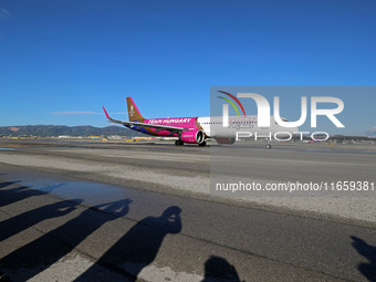 An Airbus A321-271NX from Wizz Air is on the runway ready to take off from Barcelona airport in Barcelona, Spain, on October 8, 2024. (