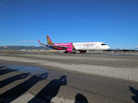 An Airbus A321-271NX from Wizz Air is on the runway ready to take off from Barcelona airport in Barcelona, Spain, on October 8, 2024. (