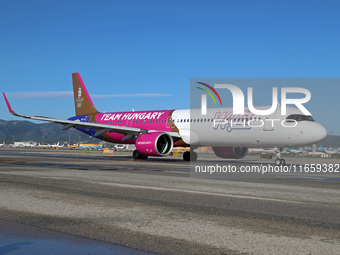 An Airbus A321-271NX from Wizz Air is on the runway ready to take off from Barcelona airport in Barcelona, Spain, on October 8, 2024. (