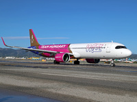 An Airbus A321-271NX from Wizz Air is on the runway ready to take off from Barcelona airport in Barcelona, Spain, on October 8, 2024. (