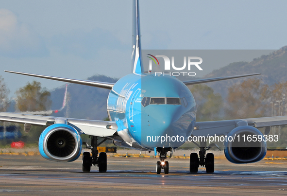 A Boeing 737-8AS(SF) from Amazon Air is on the runway ready to take off from Barcelona airport in Barcelona, Spain, on October 8, 2024. 