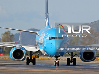 A Boeing 737-8AS(SF) from Amazon Air is on the runway ready to take off from Barcelona airport in Barcelona, Spain, on October 8, 2024. (