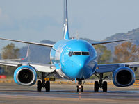 A Boeing 737-8AS(SF) from Amazon Air is on the runway ready to take off from Barcelona airport in Barcelona, Spain, on October 8, 2024. (