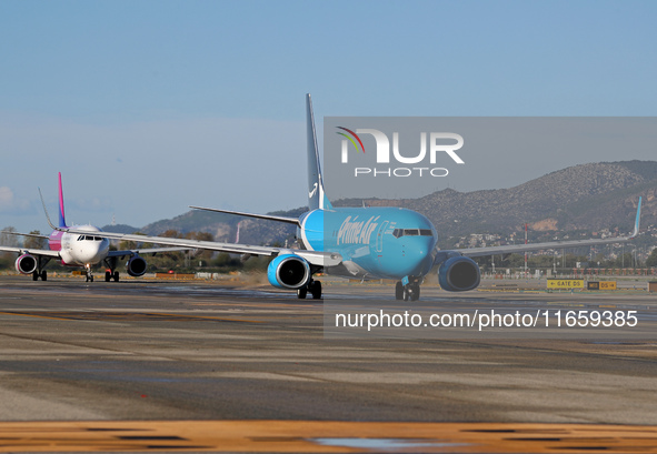 A Boeing 737-8AS(SF) from Amazon Air is on the runway ready to take off from Barcelona airport in Barcelona, Spain, on October 8, 2024. 