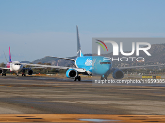 A Boeing 737-8AS(SF) from Amazon Air is on the runway ready to take off from Barcelona airport in Barcelona, Spain, on October 8, 2024. (