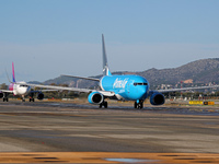 A Boeing 737-8AS(SF) from Amazon Air is on the runway ready to take off from Barcelona airport in Barcelona, Spain, on October 8, 2024. (