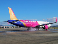 An Airbus A321-271NX from Wizz Air is on the runway ready to take off from Barcelona airport in Barcelona, Spain, on October 8, 2024. (