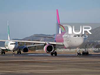 An Airbus A320-232 from Wizz Air is on the runway ready to take off from Barcelona airport in Barcelona, Spain, on October 8, 2024. (